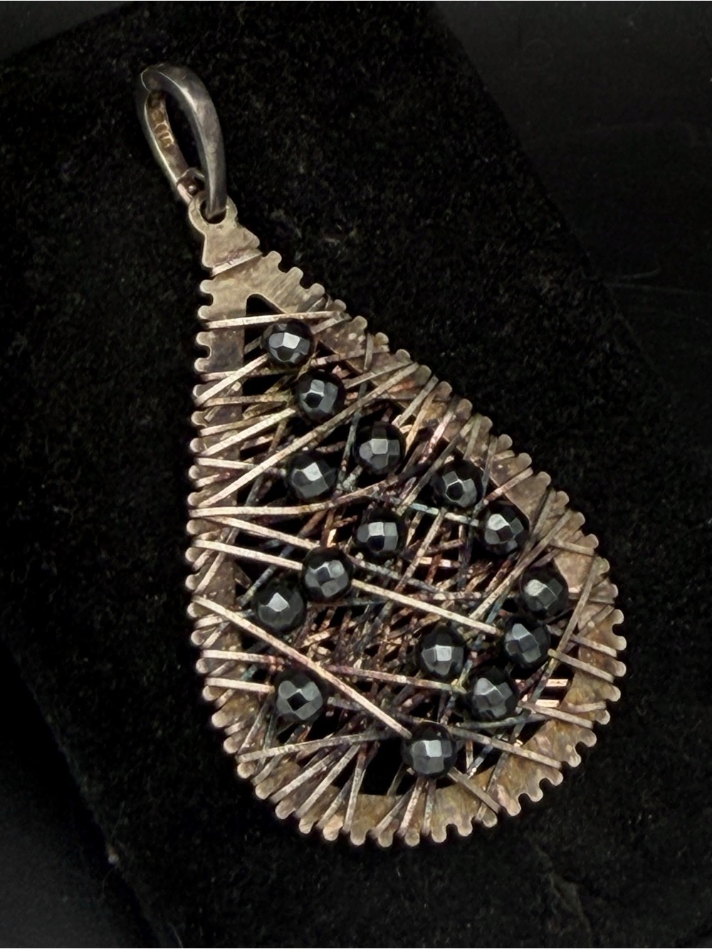 Milor - Vintage Sterling Silver Hematite Bead Brutalist Wire Wrapped Pendant